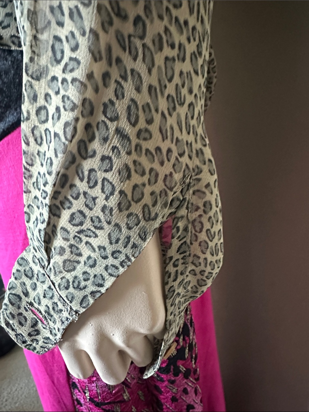 Semi-Sheer Leopard Print Button-Down Blouse - Taupe - Picture 4 of 8